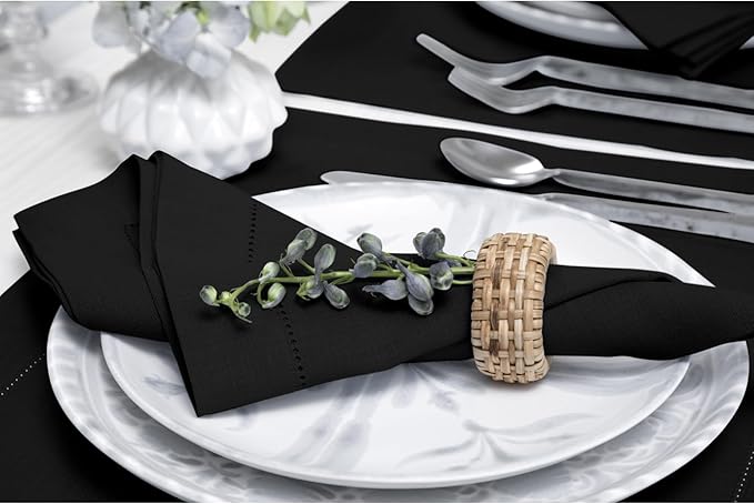 Solino Home Black Linen Napkins Set of 6-100% Pure Linen Hemstitch Dinner Napkins 20 x 20 Inch for Winter, Holiday, New Year - Classic Hemstitch