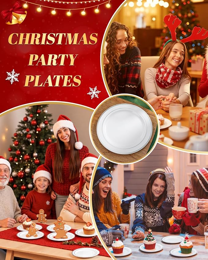 bUCLA 200PCS Silver Plastic Plates - 6.25inch White with Silver Trim Disposable Salad/Dessert/Appetizer/Small Cake Plates - Ideal for Wedding & Party
