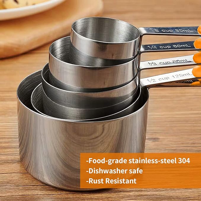 Measuring Spoons and Cups Set of 10 Pieces, Stainless Steel Measuring Utensils with BPA-Free Silicone Grips,Metal Scale Tools for Kitchen Cooking Baking, Dishwasher-Safe (Orange)