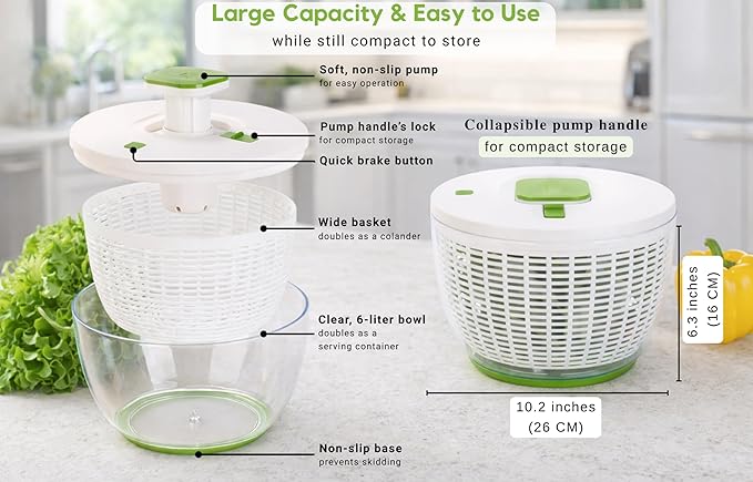 Brieftons QuickPush Salad Spinner: Large 6.3-Quart Vegetable Washer Dryer Strainer Drainer, Easy One-Handed Handle & Brake, Fast Spin Cycles, Compact Storage, to Wash, Clean & Dry Vegetables, Fruits