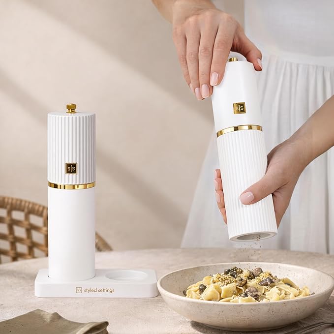 Wooden Salt and Pepper Grinder Set – Refillable Manual Salt and Pepper Mills with Adjustable Ceramic Burrs, Gold Detailing, and Wood Stand – White