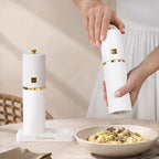 Wooden Salt and Pepper Grinder Set – Refillable Manual Salt and Pepper Mills with Adjustable Ceramic Burrs, Gold Detailing, and Wood Stand – White