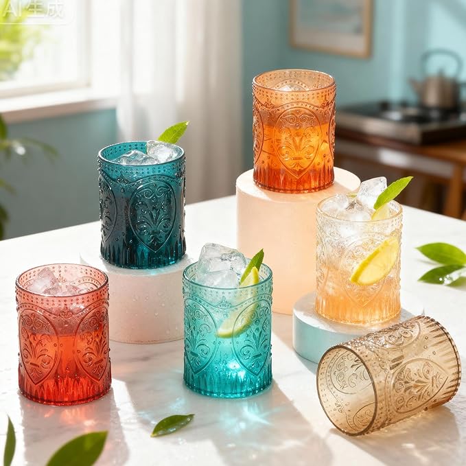 Qinyoung 24 Plastic Vintage Drinking Glasses 8.5oz Stemless Retro Embossed Wine Glasses Shatterproof Reusable Cups for Baby Shower Wedding Reception Grand Event Party (Vintage Multicolor)