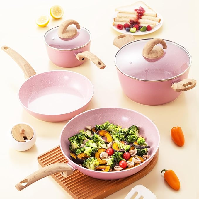 Vkoocy Non Stick Pots and Pans Set, Healthy Ceramic Cookware Set, 12pcs Kitchen Cooking Pots and Frying Sauce Saute Pans Set, PFAS-Free with Kitchen Utensils and Lid, Pink