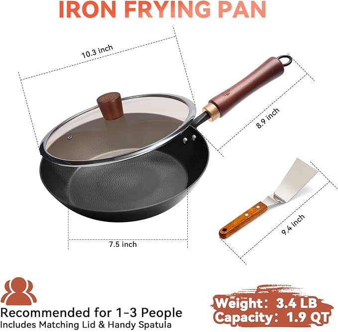 WANGYUANJI 10.2" Iron Skillet with Glass Lid & Spatula, Flat-Bottom Hand-Hammered Frying Pan, Uncoated & Unseasoned Small Iron Wok for Induction, Gas & Electric Stoves