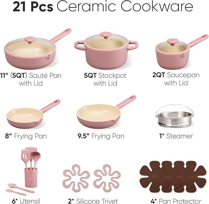 CAROTE 21pcs Cookware Set Nonstick Pots and Pans Set, Ceramic Cookware Set Induction Cookware, Non toxic Healthy Non Stick Kitchen Cooking Set, PFAS PTFE Free
