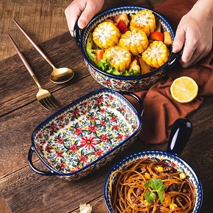 Ceramic Baking Casserole Dish with Handles,Elegant Floral Design Rectangular Lasagna Pan Bakeware for Baking Cooking, Roasting, Broiling, Gratin