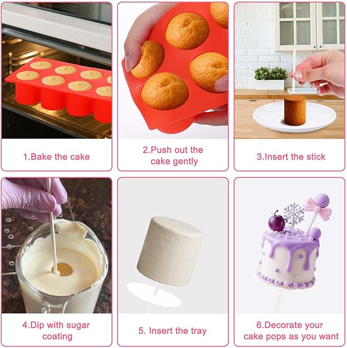 Juome Circle Cake Pop Mold Kit, 8 Cavities Cakesicle Molds Silicone with 50 Sticks & 50 Packaging Bags, Round Cake Pop Maker Supplies Accessories, Baking Tools for Home Baking Desserts