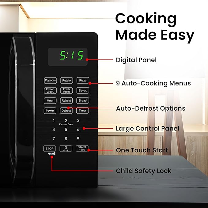 0.7 Cu Ft Microwave Countertop Small with Digital Display, 700 watt Microwave Black has 10 Power Levels & Auto Defrost Function Mini Microwave Oven Compact With Child Lock For Dorm, Home, Office