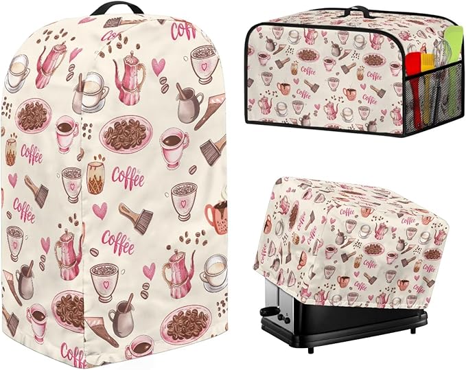 Pink Coffee Theme Kitchen Appliance Covers Set Toaster Cover 4 Slice Food Processor Hood Crock Pot Dust Cover with Side Pockets Machine Washable 3PCS