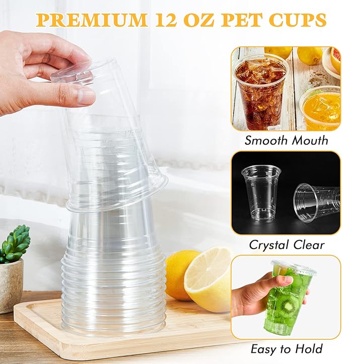 Vplus 200 Pack 12 OZ PET Clear Plastic Cups with Lids, 12 OZ Crystal Cold Disposable Drinking Plastic Cups with Flat Lids, Perfect for Ice Coffee, Smoothie, Juice