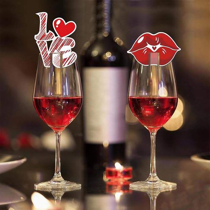 24Pcs Valentine's Day Drink Markers Wine Glass Markers, Heart, Lip Shape Wine Charms for Stem Glasses - Wedding, Bridal for Christmas New Year Party Decor Supplies