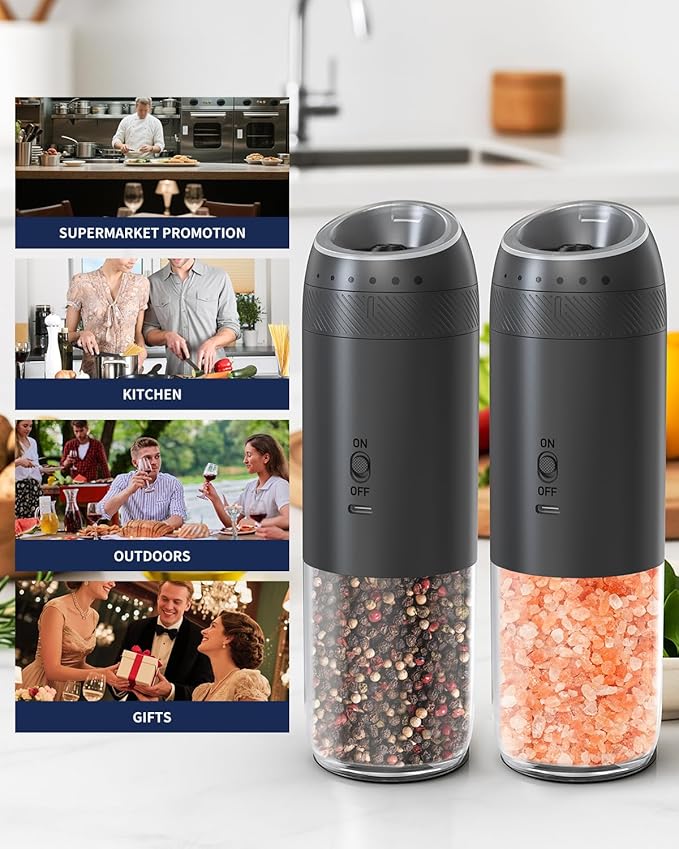 CIRCLE JOY Gravity Electric Salt and Pepper Grinder Set Rechargeable Automatic Pepper Mills with External Adjustable Coarseness, 176ml Large Capacity, Bright LED Light