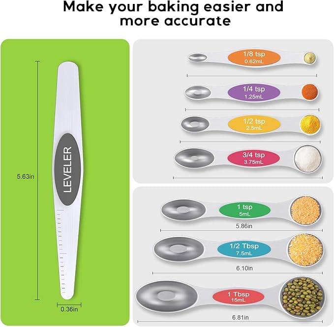 Magnetic Measuring Spoons Set Of 8, Heavy Duty 304 Stainless Steel Metal, Fits in Most Kitchen Spice Jars for Baking & Cooking, BPA Free,Measuring Dry & Liquid Ingredients Rainbow)