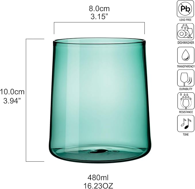 Emerald Green Glass Tumbler Set of 4 – 16.5 oz Borosilicate Drinkware – Durable, Lead-Free, Dishwasher Safe – Unique Colored Glasses for Any Drink
