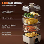 Kawu 16 Quart Food Steamer for Cooking, 4-Tier Electric Vegetable Steamer Hot Pot with Stainless Steel Tray, 1100W Fast Heating, 12H Timer, Keep Warm, Digital Steam Cooker for Grains, Meat & Sea Food