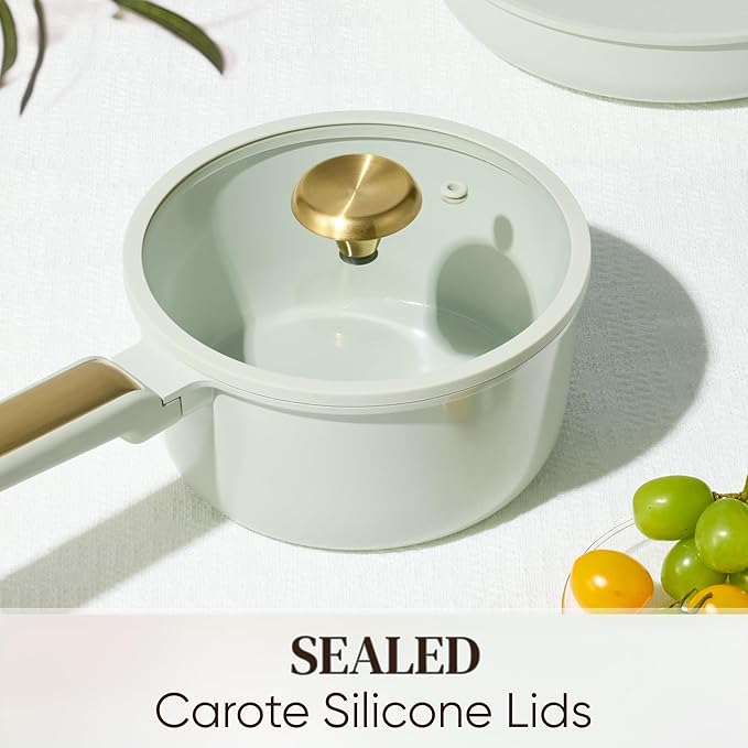 CAROTE Ceramic Cookware Set Nonstick, 14pcs Pots and Pans Set Nonstick, Non-Toxic & PFAS-Free, Dishwasher, RV/Camping Cookware Set, Cooking Pots with Lids, Sage Green