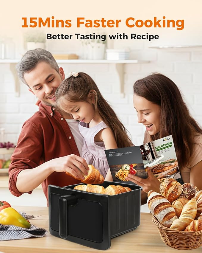 Bear Air Fryer, Stainless Steel Airfryer 8 Presets for Fast Family Meals, 6.4Qt Large Visible Window Temp Timer Adjustable Roast Bake Crisp French Fries Steak, Non Stick Basket Dishwasher Safe