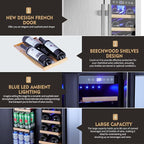 Wine and Beverage Refrigerator, 24 Inch Stainless Steels Beverage Fridge Dual Zone, Wine Beverage Cooler Built-in or Freestanding with Upgraded Cooling, 20 Bottles and 88 Cans Large Capacity