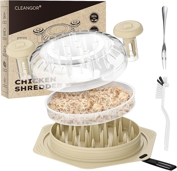 Cleangor Chicken Shredder Tool Twist Large, BPA Free Meat Shredder with Ergonomic Handle, Non-Slip Food Shredder Tool for Pork, Beef, Set of Chicken Breast Shredder with Brush & Fork (1, Tapioca)