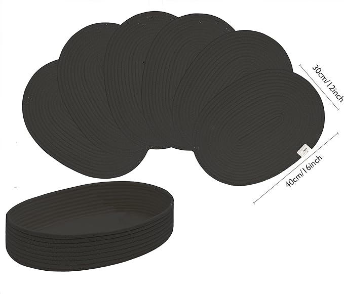 Placemats Set of 6 Oval – Woven Boho Farmhouse Table Mats for Dining Table for 6, Kitchen Decor, Washable and Handmade Rustic Table Accessories(Oval, Black)