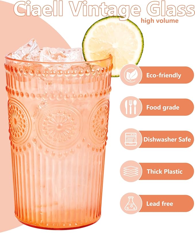 Ciaell 12 Pack Romantic Plastic Water Glasses - 14 Oz Amber Vintage Drinking Glasses, Embossed Ribbed Plastic Cups, Textured Striped Set for Juice, Beverages, Beer, Cocktai