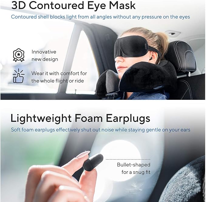 Proglobe Travel Blanket Luxury Travel Set - Ergonomic Airplane Neck Pillow 100% Pure Memory Foam and Super Soft Fleece Blanket - Premium 3D Sleep Mask & Earplugs - Ultimate 4-in-1 Traveling Kit Black