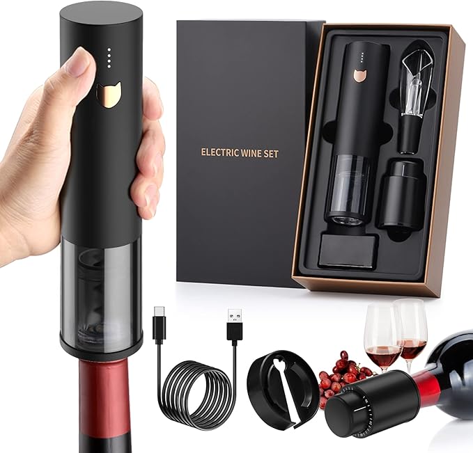 Wine Gifts-Electric Wine Opener-Automatic Wine Opener Rechargeable-Cordless Electric Corkscrew-Wine Bottle Opener with Foil Cutter, 2 in 1 Aerator Pourer, Vacuum Stopper, Gift Box