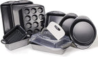 BergHOFF 11Pc Perfect Slice Bakeware Set, Covered Rectangle Cake Pan, Cookie Sheets, Muffin Pan, Loaf Pan, Round, Square and Rectangle Cake Pans, Slicer, Silver & Silver