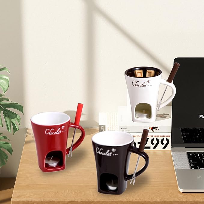 Chocolate Fondue Mug with Fork, Chocolate Fondue Cup, Personal Chocolate Melting Cup for Cheese, Ceramic Chocolate Melting Cup, Chocolate Melting Mug For Date Night Birthday Wedding Gifts (Red)