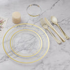 BESTVIP 300PCS Plastic Dinnerware Set (50 Guests), Clear Gold Disposable Plates for Party, Wedding, Christmas, Anniversary, Includes: Dinner Plates, Dessert Plates, Cups, Spoons, Forks and Knives