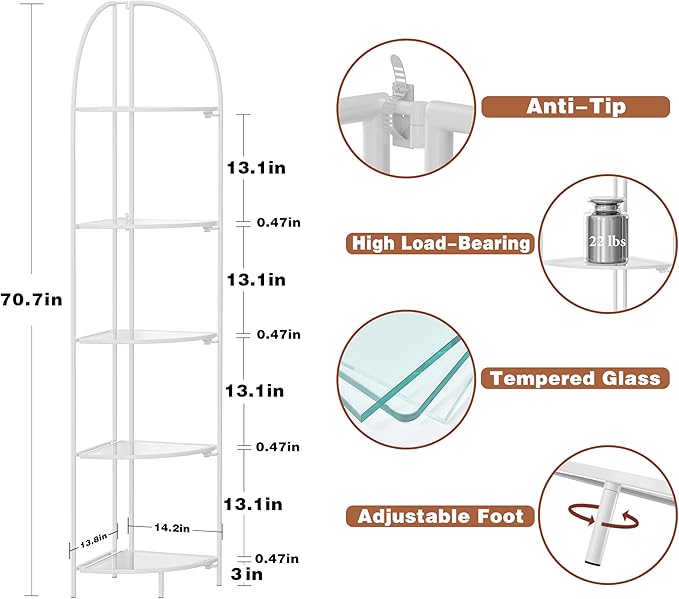 Crofy Foldable 5 Tier Corner Shelf, Metal Corner Plant Stand with White Frame and Transparent Shelves, Corner Display Rack Multipurpose Shelving Unit for Living Room, Bedroom, Bathroom
