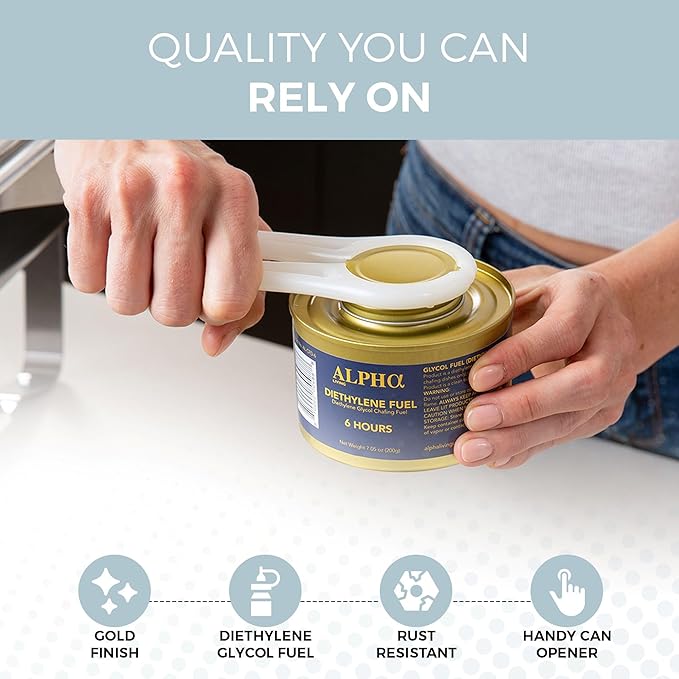 Alpha Living - Luxe Gold Edition - 6 Hour Chafing Fuel - Food Warmer for Chafing Dish Buffet Set - Liquid Safe Fuel with Wick & Lid Opener for Chafing Dish Gold Canister for Luxry Events (12 Pack)