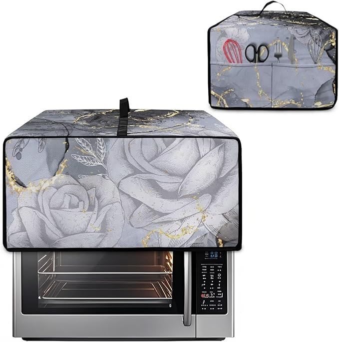 Marble Rose Flower Print Toaster Oven Cover, Stain-Resistant Air Fryer Cover with Storage Pocket, Kitchen Decorative Oven Protector, Black Grey Gold, (Large-18.5*22.5*12.99 inches)
