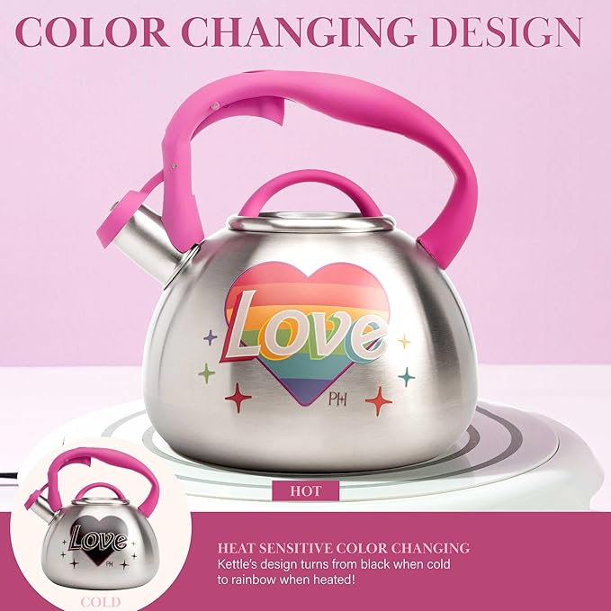 Paris Hilton Whistling Stovetop Tea Kettle, Stainless Steel with Rainbow Love Color Changing Heat Indicator Design, Soft Touch Handle, 2.5-Quart, Love Rainbow