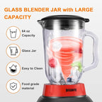 JUSANTE Blender, Countertop Blender for Smoothies with 64 oz Glass Jar Kitchen, 1200 Watts High Speed Juicer Blender Ice Crusher for Shakes Frozen Drinks (Red)
