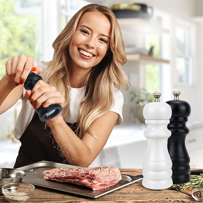 Salt and Pepper Grinder Set of 2, Manual Salt Mill & Pepper Mills with Adjustable Coarseness, Refillable Wood Spice Shakers, Kitchen Accessories for Chili, Sesame, Himalayan (Black and White)
