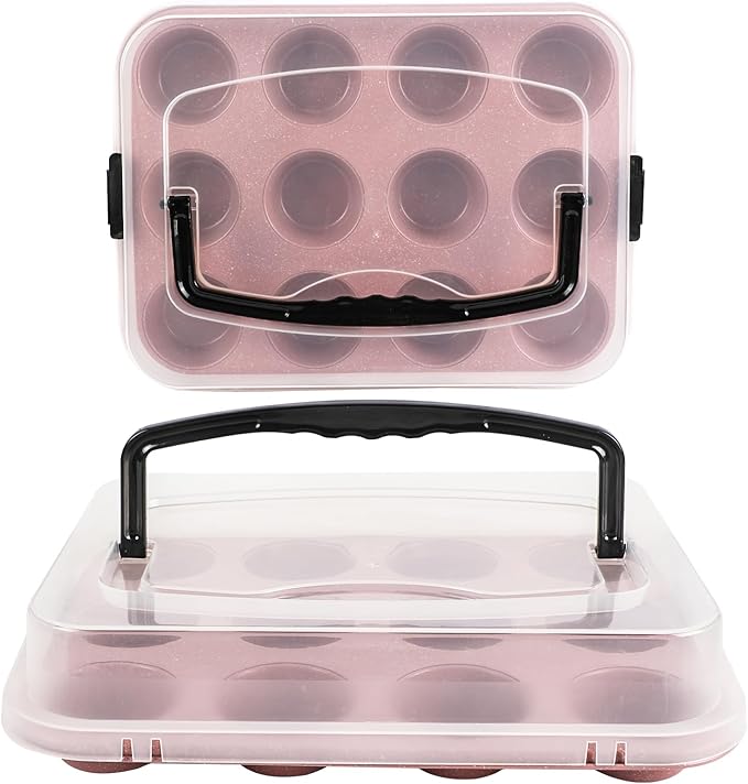 2-Pack Pink Cupcake Pan with Lid, 12-Cup Nonstick Cupcake Baking Pan with Handle for Easy Baking and Travel – Perfect Cupcake Pan for Parties, Birthdays, and Gifting