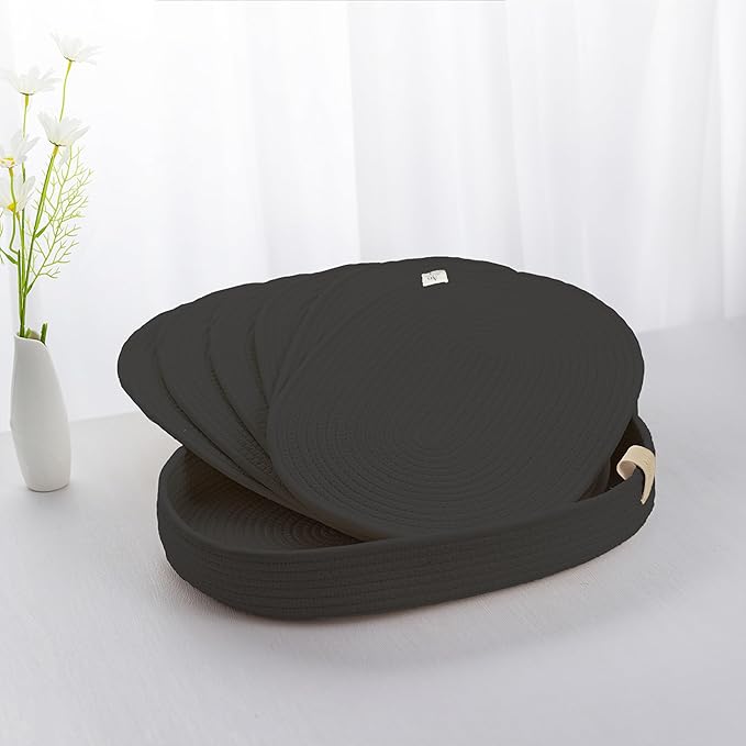 Placemats Set of 6 Oval – Woven Boho Farmhouse Table Mats for Dining Table for 6, Kitchen Decor, Washable and Handmade Rustic Table Accessories(Oval, Black)