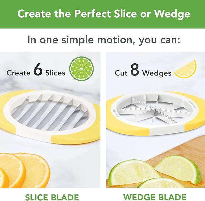 Tovolo Citrus Slicer and Wedger Tool for Lemons Limes Oranges,Dual Blade Premium Cutter Creates 8 Wedges 6 Slices, Anti-Slip Base, Stainless Steel, BPA-Free Dishwasher Safe