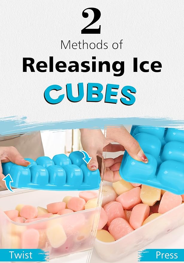 DOQAUS Ice Cube Tray with Lid and Bin - 4 Pack Ice Bucket Kits, Stackable Silicone Ice Trays for Freezer, Easy Pop Out, BPA Free for Cocktail, Coffee, Soup, Food, RV, Kitchen
