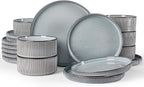 Famiware Star 18-Piece Reactive Glaze Plates and Bowls Sets, Service for 6 - Stoneware Dinnerware with Trim, Modern Rustic Dishes, Chip & Scratch Resistant, Microwave & Dishwasher Safe, Smoky Blue