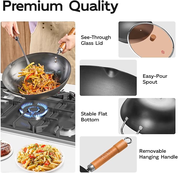 WANGYUANJI 13.4" Flat-Bottom Iron Wok with Glass Lid, Uncoated Stir-Fry Pan, Fast-Heating Refined Iron, Induction/Gas/Electric Compatible, Wooden Handle & Helper Ring (Seasoning Required)