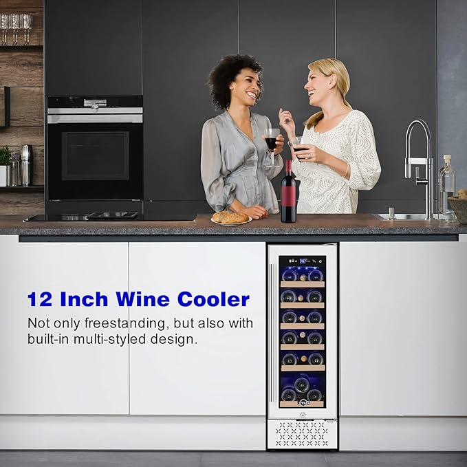 Tylza 12" Wine Cooler Refrigerator, 18 Bottles Capacity, Compact Freezerless, Temperature Stability, Low Noise, Double-Layer Tempered Glass Door