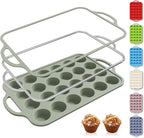 Socisen 24 Cups Silicone Muffin Pan with Metal Reinforced Frame Mini Size Cupcake Pan Tray Egg Bites Silicone Circle Cookie Molds Little Small Muffin Tin Tart Pans Baking Sheet Set for Sandwiches