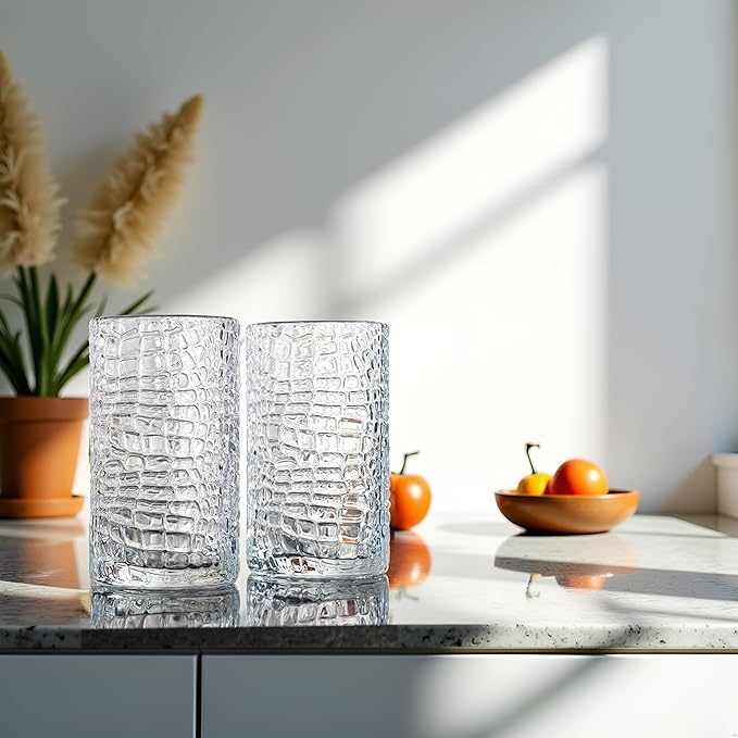Glaver's Highball Drinking Glasses, Set of 4 Clear 15 Ounce Patent Crackle Design Textured Drinking Glasses Heavy Duty premium Glassware for Everyday Home, Bar use