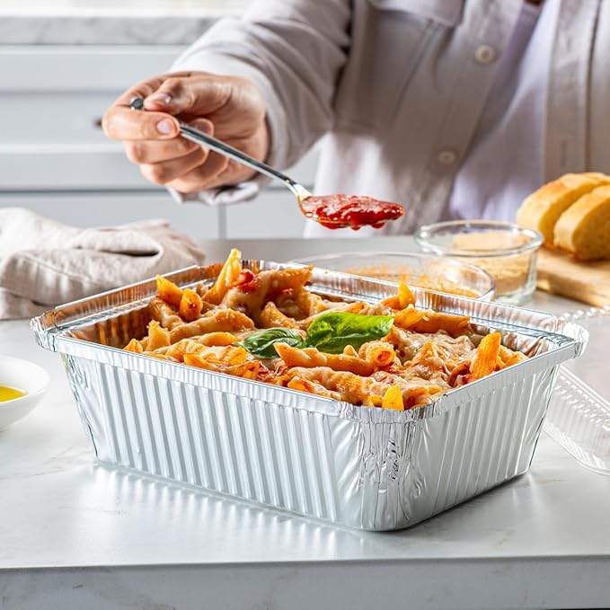 GUSTO [5 lb - 25 Count Disposable Aluminum Foil Pans with Clear Dome Lids, 6x9 Takeout Pans – Great for Baking, Cooking, Storage, and Freezing (Formerly Comfy Package)