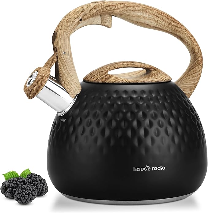 Hauce Radio Tea Kettle Stovetop,2.5QT Stainless Steel Whistling Teapot for Stove Top Aesthetic,Portable Water Kettles Camping with Anti-hot Silicone Handle,Suitable for All Heat Sources,Black