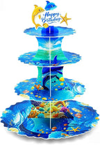 AMZWKT 4-Tier Extra Large Happy Birthday Under The Sea Ocean Cardboard Cupcake Stand Ocean Themed Birthday Party Decorations for Boys Girls First Baby Shower Baby Shark Decoration ﻿ ﻿