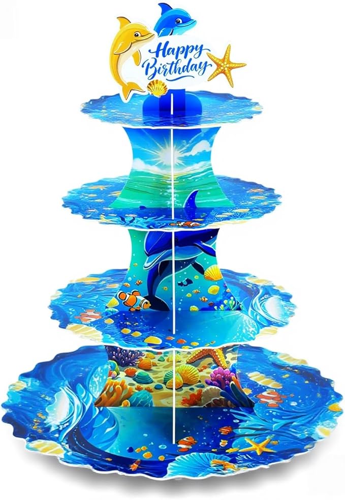 AMZWKT 4-Tier Extra Large Happy Birthday Under The Sea Ocean Cardboard Cupcake Stand Ocean Themed Birthday Party Decorations for Boys Girls First Baby Shower Baby Shark Decoration ﻿ ﻿